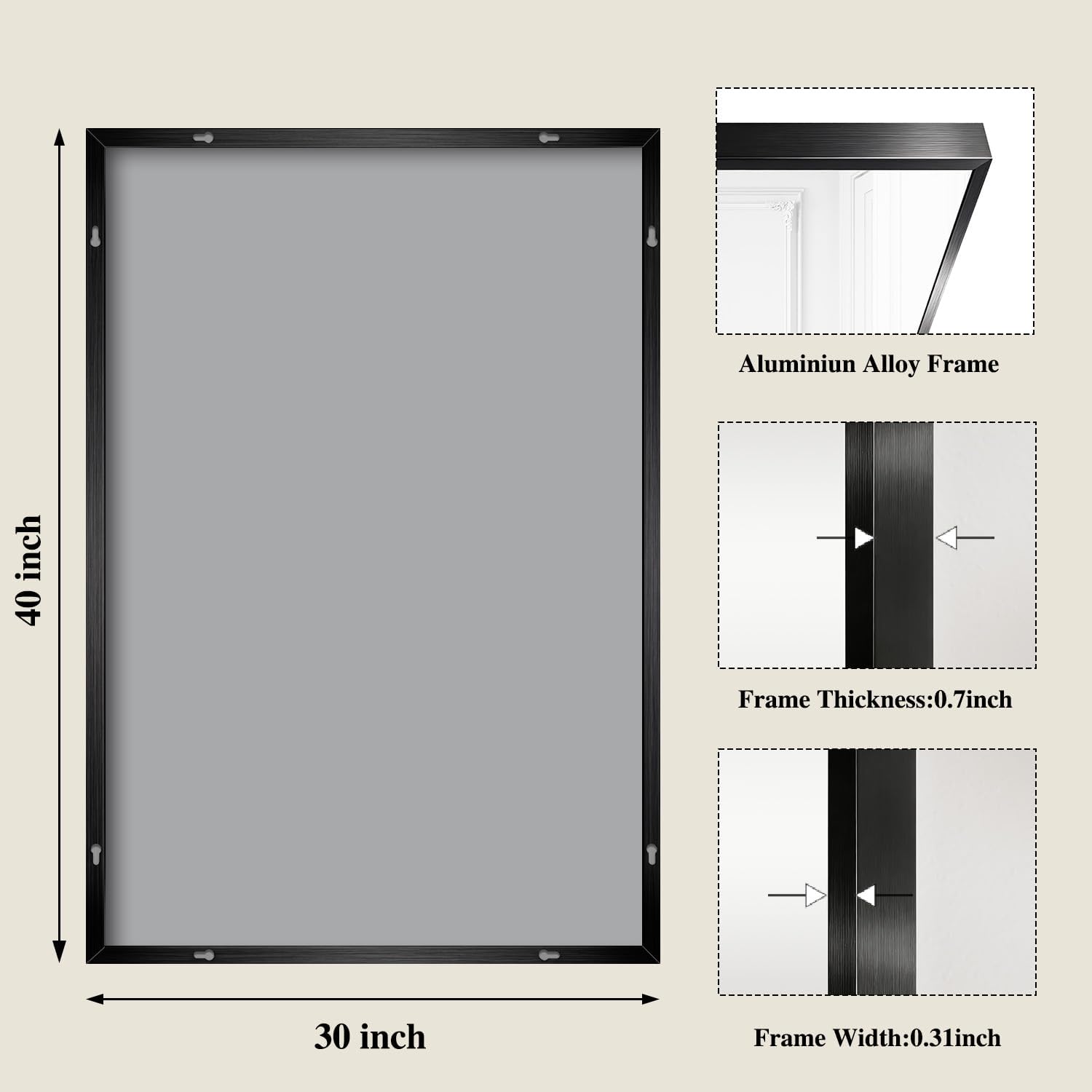 Koonmi Black Mirrors for Wall, 30x40 Inch Bathroom Mirror, Rectangular Wall Mirror for Living Room Bedroom Bathroom, Hangs Horizontally or Vertically