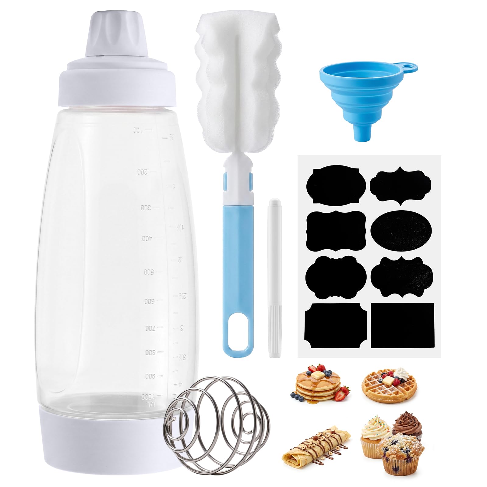 33oz Hand Batter Dispenser, Happybase 1000ML Pancake Batter Mixer Bottle with Stainless Steel Stirring Ball for Cupcake Crepe Batter