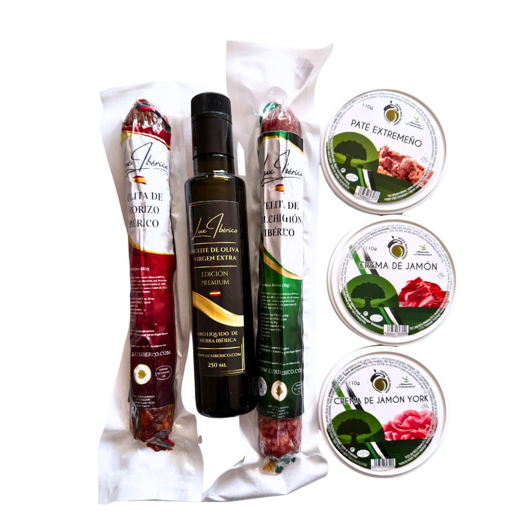 LUX IBÉRICO - Cesta Gourmet Zurbarán - Patés y Embutido Ibérico | Velitas de chorizo y salchichón ibérico, tres patés extremeños y aceite de oliva virgen extra. Lista para regalar.