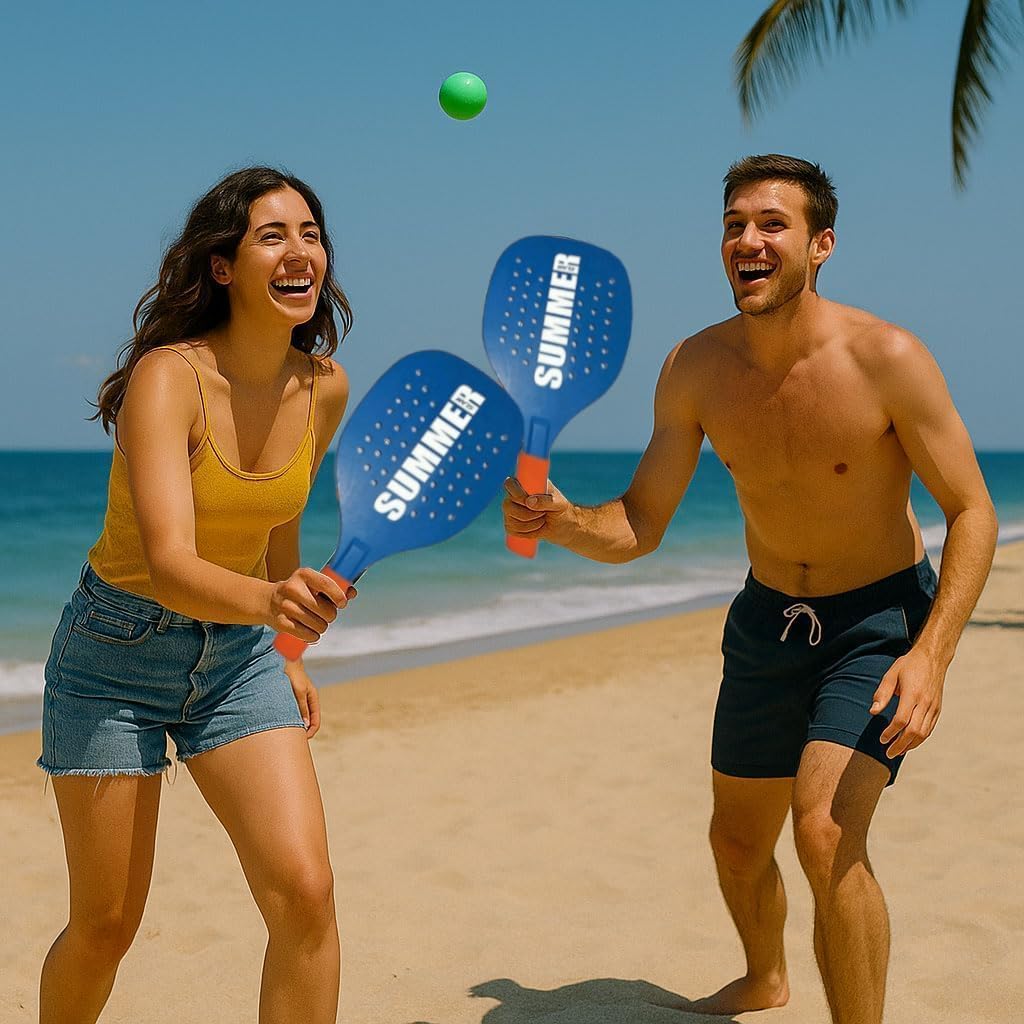 Coppia Racchette da Spiaggia Summer Padel Beach Tennis con Pallina Morbida Set Racchettoni in Legno Mare, Spiaggia e Giardino, Beach Rackets - 4