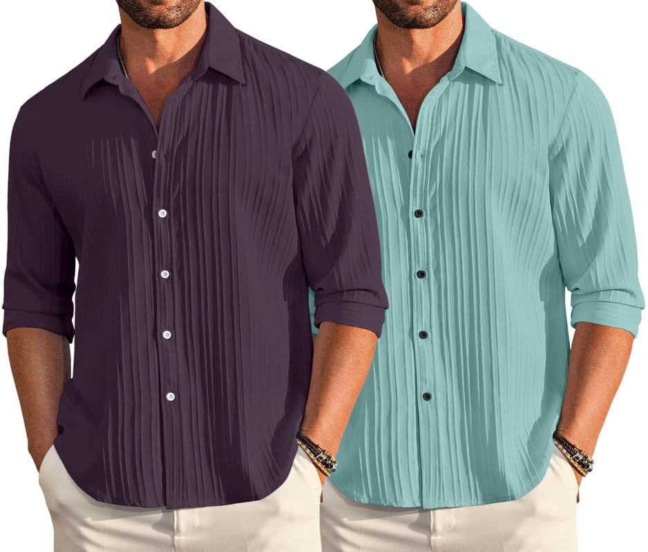 Image of FINIVO FASHION Men's Cotton Blend Shirt Set Lightweight, Full Sleeves, Plain Texture, Button Closure, Summer Ready (Pack of 2)