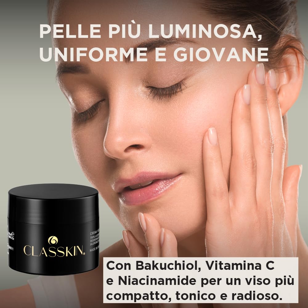 Classkin, Crema Viso Leggera Idratante Antirughe Rigenerante con Bakuchiol, Vitamina C, Acido Ialuronico e Niacinamide, Giorno e Notte per Pelle Luminosa,Uniforme e Tonica, Anti-Età Donna e Uomo,50 ml