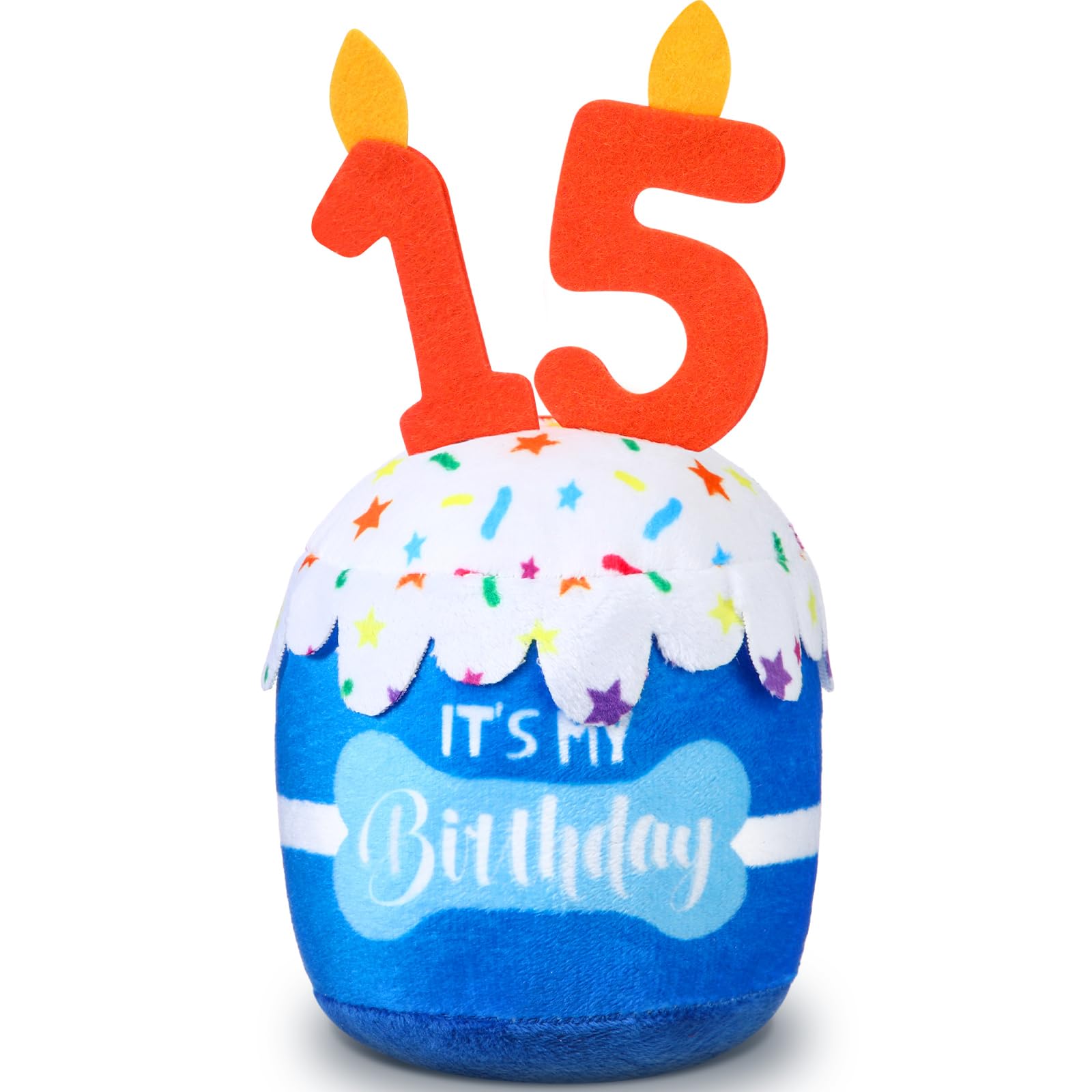 Dansydaisy Dog 15th Birthday Cake Toy Accessories for Girl Boy Gifts, Blue Squeaky Plush Toy for Dog Birthday Party Decor Favor for Large, Medium and Small Dogs