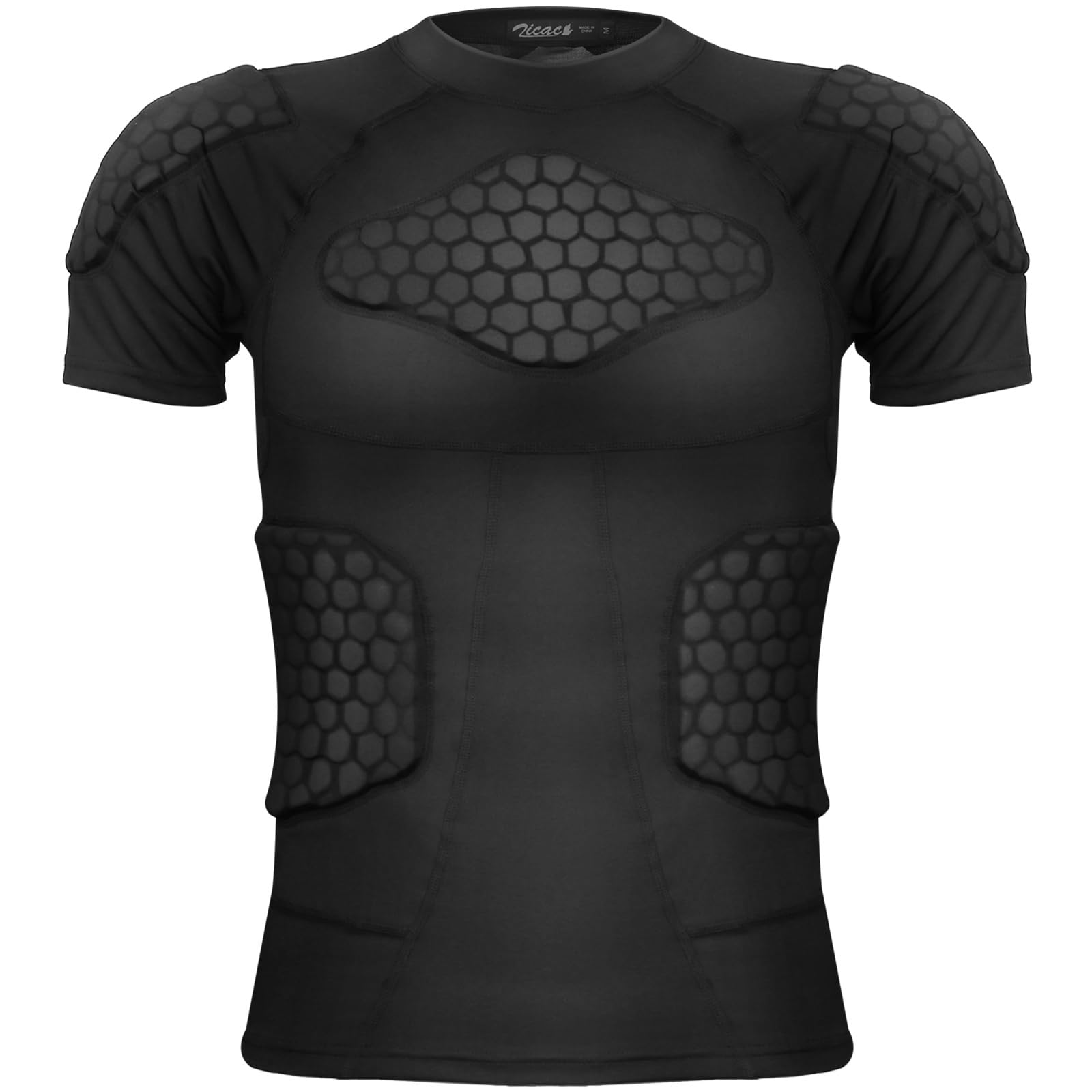 Zicac Mens Sports Padded Compression Tops Short Sleeve Shock Guard Protective Shirt Shoulder Rib Chest Protector for Outdoor Football Basketball Paintball Rugby Black