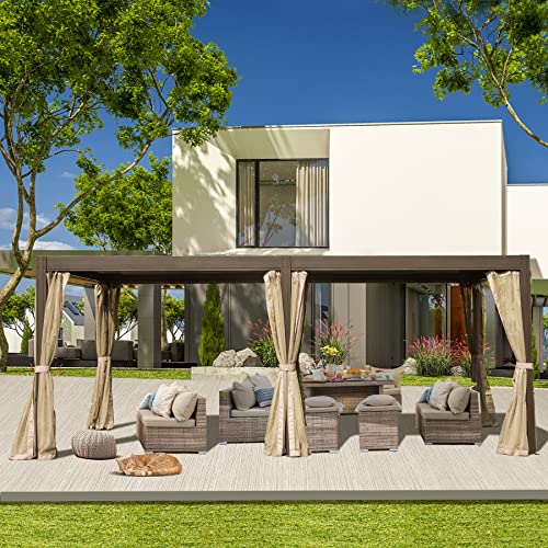Domi Outdoor Living 12’ x 20’ Louvered Pergola with Adjustable Rainproof Roof, Outdoor Aluminum Frame Hardtop Gazebo for Backyard, Garden and Lawn w/Netting (Dark Brown)