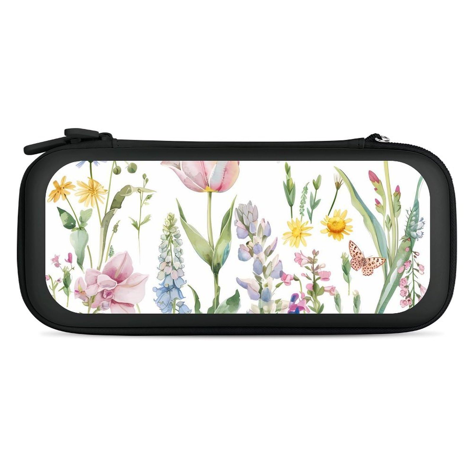 Flowers Tulip Butterflies Compatible with Switch Carrying Case Hard Travel Game Bag Pouch with 15 Games Accessories Black-style