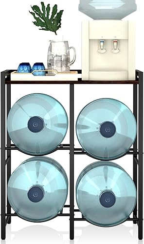 Miniatura 2 de Soporte para jarra de agua de 5 galones para 4 botellas con estante superior de madera marrón rústica, soporte para jarra de agua de 5 galones,