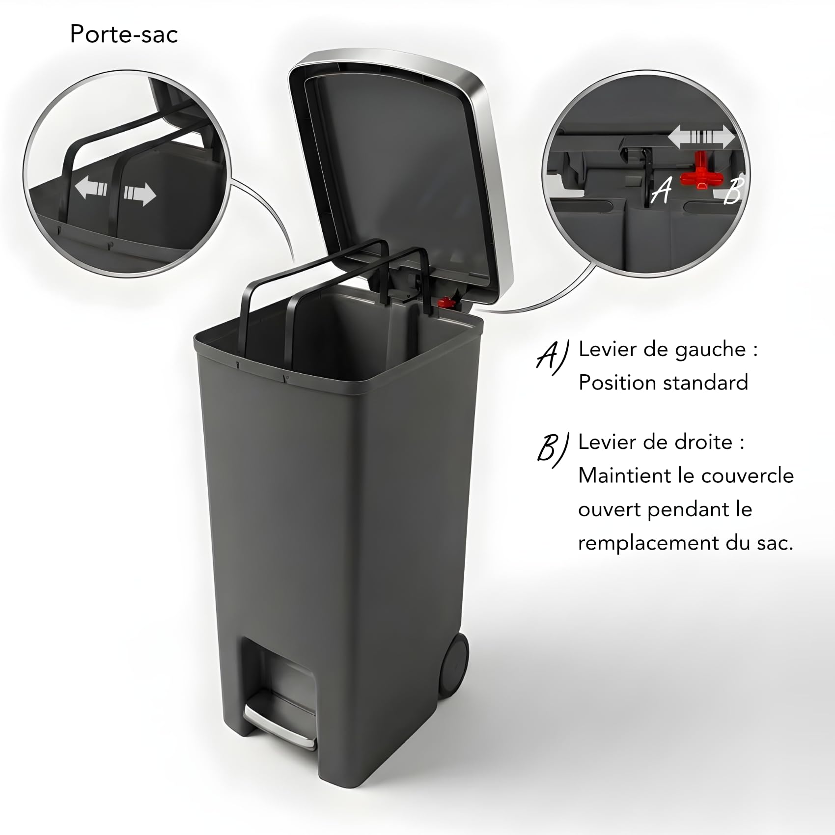 WUITOKI Poubelle de cuisine à pédale 50 l, anthracite, anti-odeur
