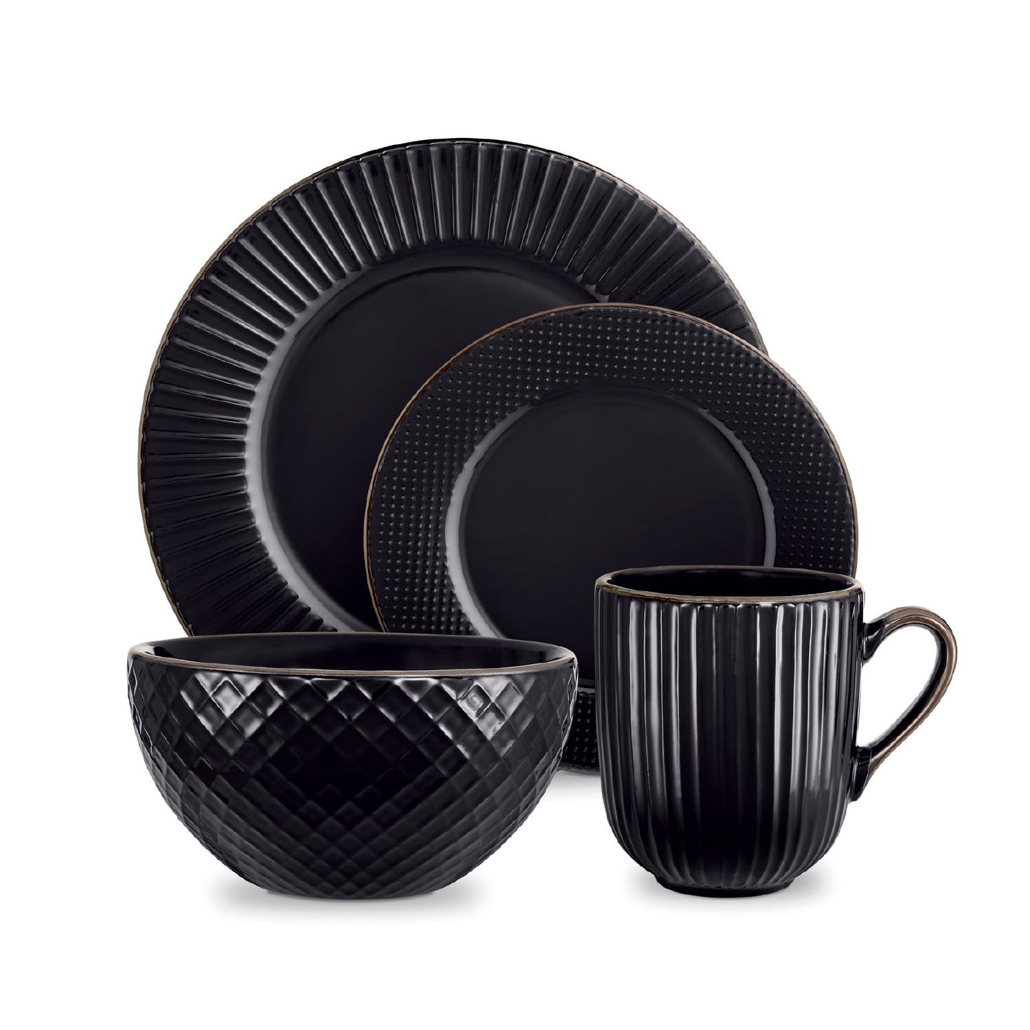 Tower T867002BLK Empire 16 Piece Dinnerware Set, Stoneware, Black and Brass