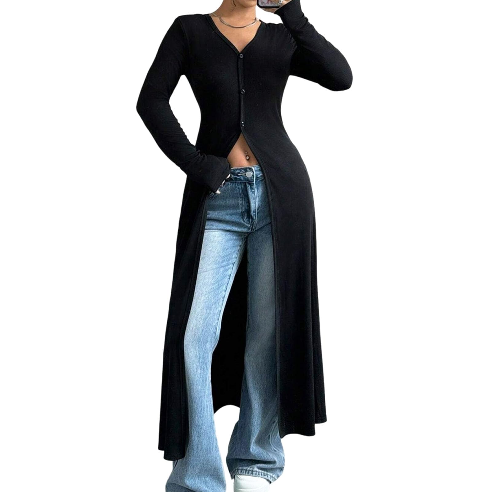 Women Trendy V Neck Long Sleeve Button Down Maxi Cardigan Sweaters Fall Open Front Slit Knitted Cardigan Coats