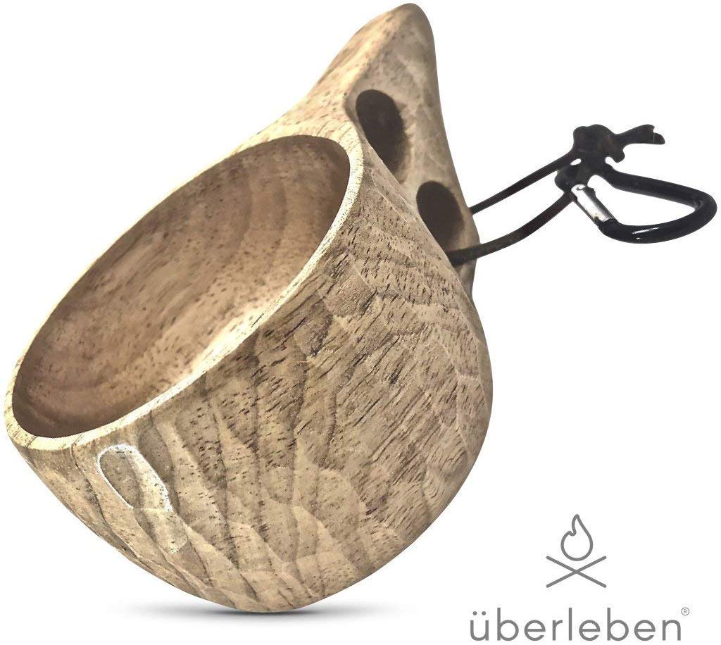 überleben Dursten Kuksa - Handcrafted Wood Camp Mug - 100% Natural Hardwood Cup with Carabiner & Leather Lanyard - Traditional Wooden Nordic Design - Lightweight, Durable - 350ml/12oz