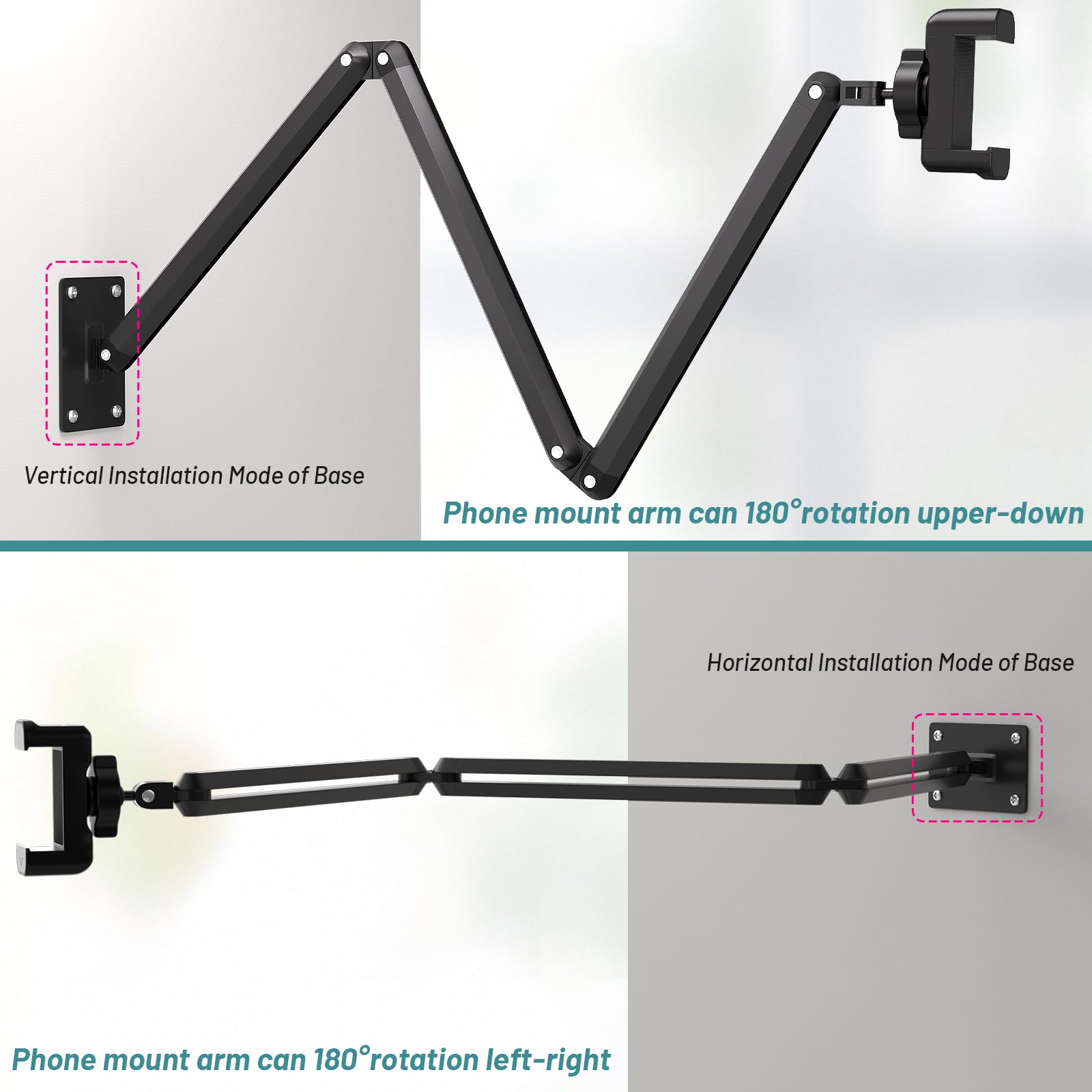 Supporto per telefono per scrivania, letto, supporto per telefono da parete, supporto per iPhone in alluminio a 3 fasi, bracci estensibili pieghevoli e base resistente, compatibile con iPhone/HTC/LG