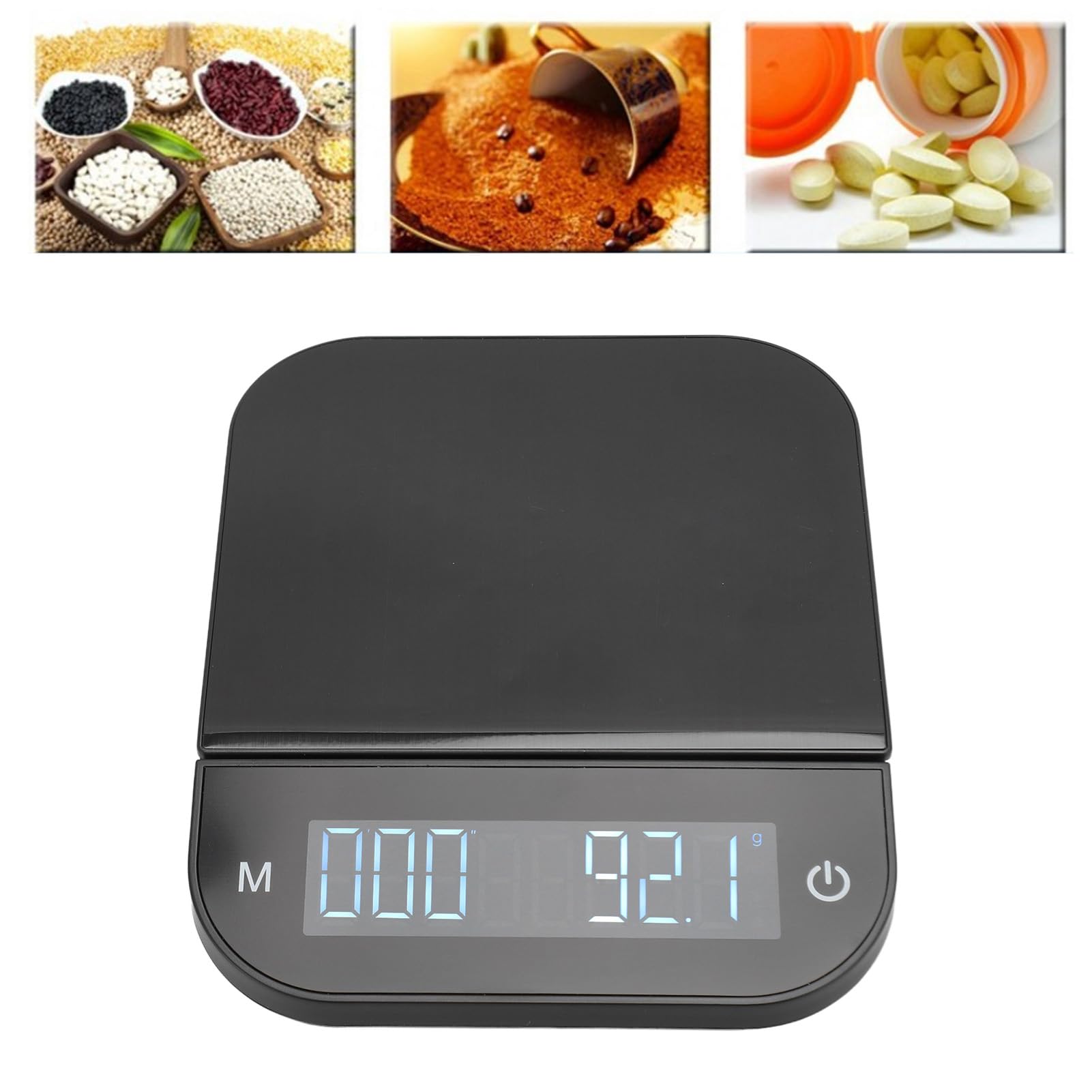 Báscula de cocina Báscula digital para alimentos de 0,1 g a 6,6 lb con pantalla LED Control táctil Función de tara Temporizador Báscula de café ABS para cocinar en casa Hornear