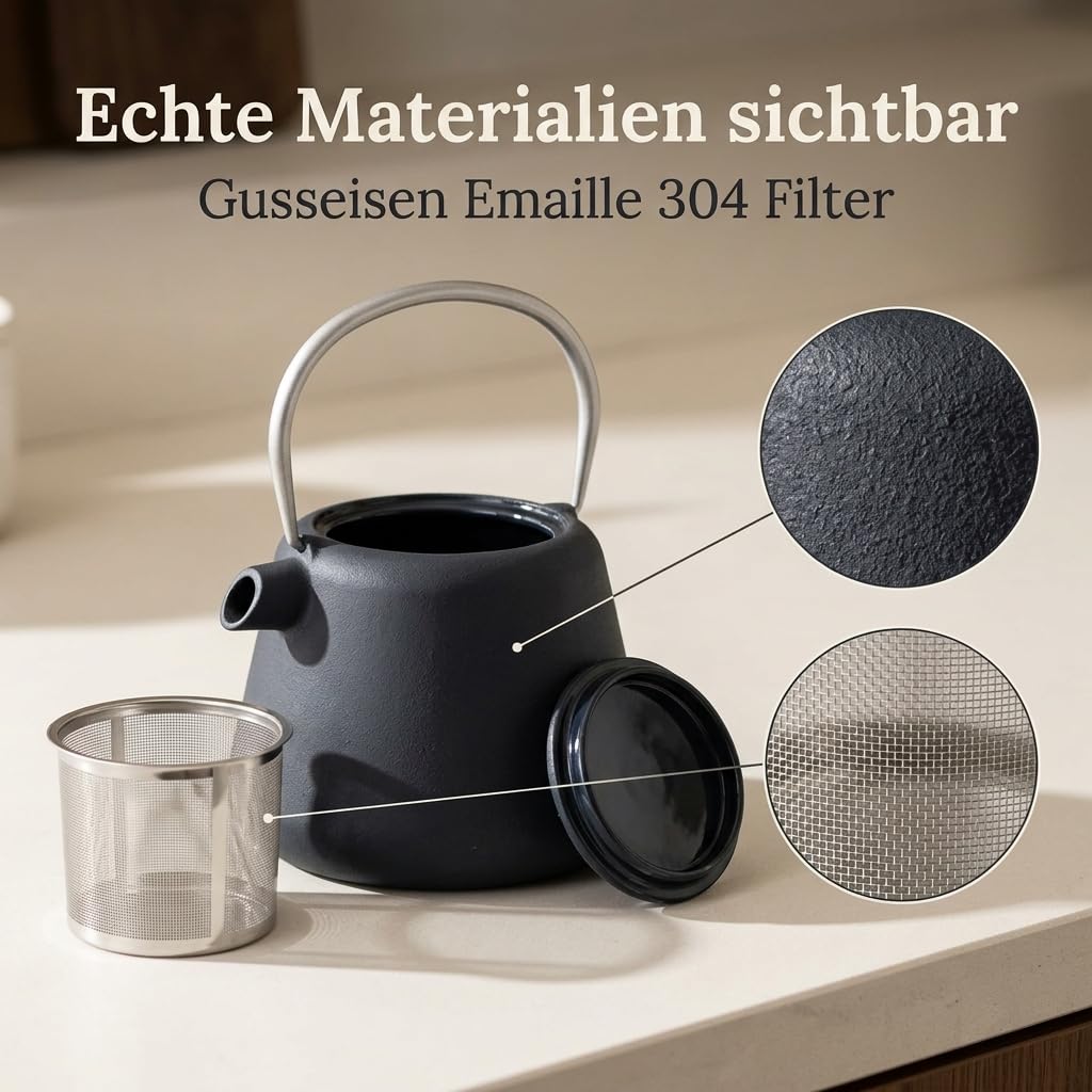 MIJOMA Tetera de hierro fundido, 1 L, filtro de acero inoxidable 304 y esmalte interior, mango ergonómico, ritual de alquitrán para el hogar