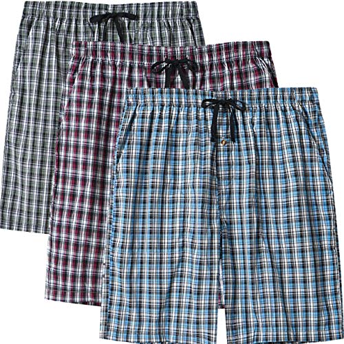MoFiz Hombre Pantalón Corto de Pijama Casual Shorts a Cuadros de Algodón con Bolsillos 3 Pack- D, L