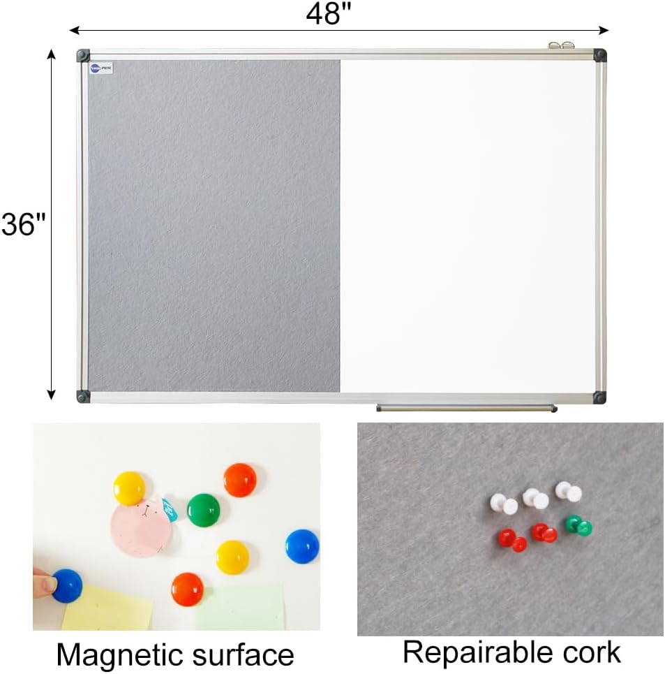 New PUTE White Board and Cork Board Combo - 48 x 36 Inches Large Dry Erase Whiteboard and Bulletin Board, Magnetic Wall Pin Display Board for Home, Classroom & Office, 36"x48" Grey 48 x 36 Inches Grey ( Has a small dent shown in pictures)