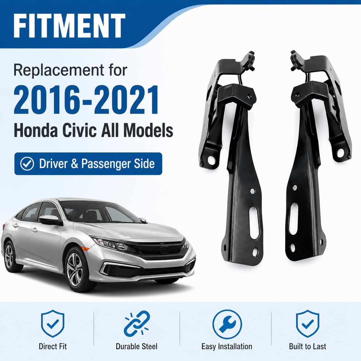 Hood Hinges for 2016-2021 Honda Civic, Left & Right, HO1236143 HO1236144 | Replacement for 2016-2021 Honda Civic All Models, Driver and Passenger Side