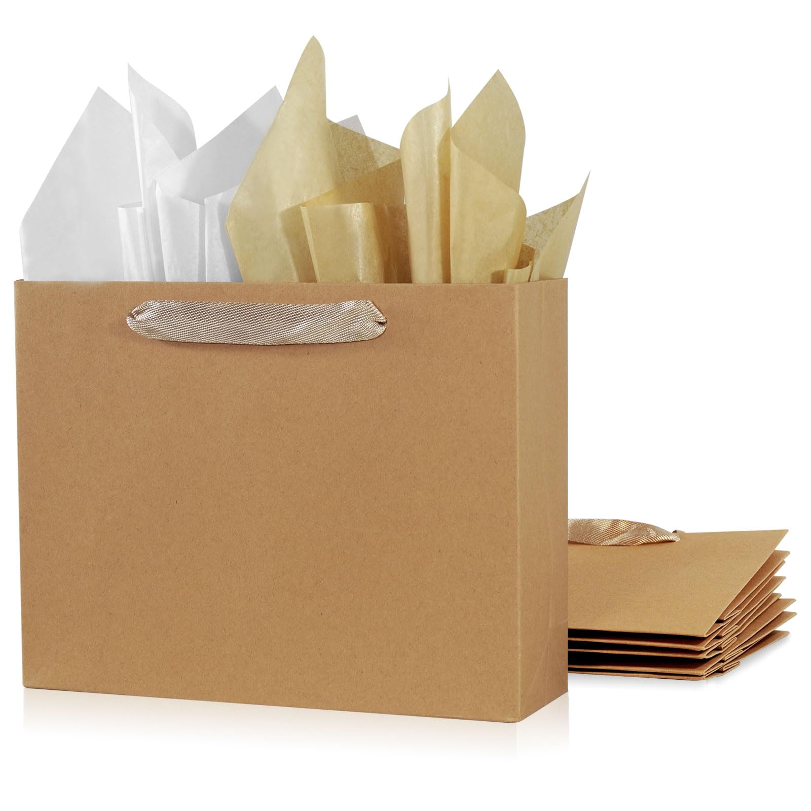 6 Pack Medium 10.5"x4"x8.1" Brown Gift Bags with Tissue Papers, Kraft Shopping Bags with Ribbon Handles, Retail Wrapping Bag Set for All Occasions