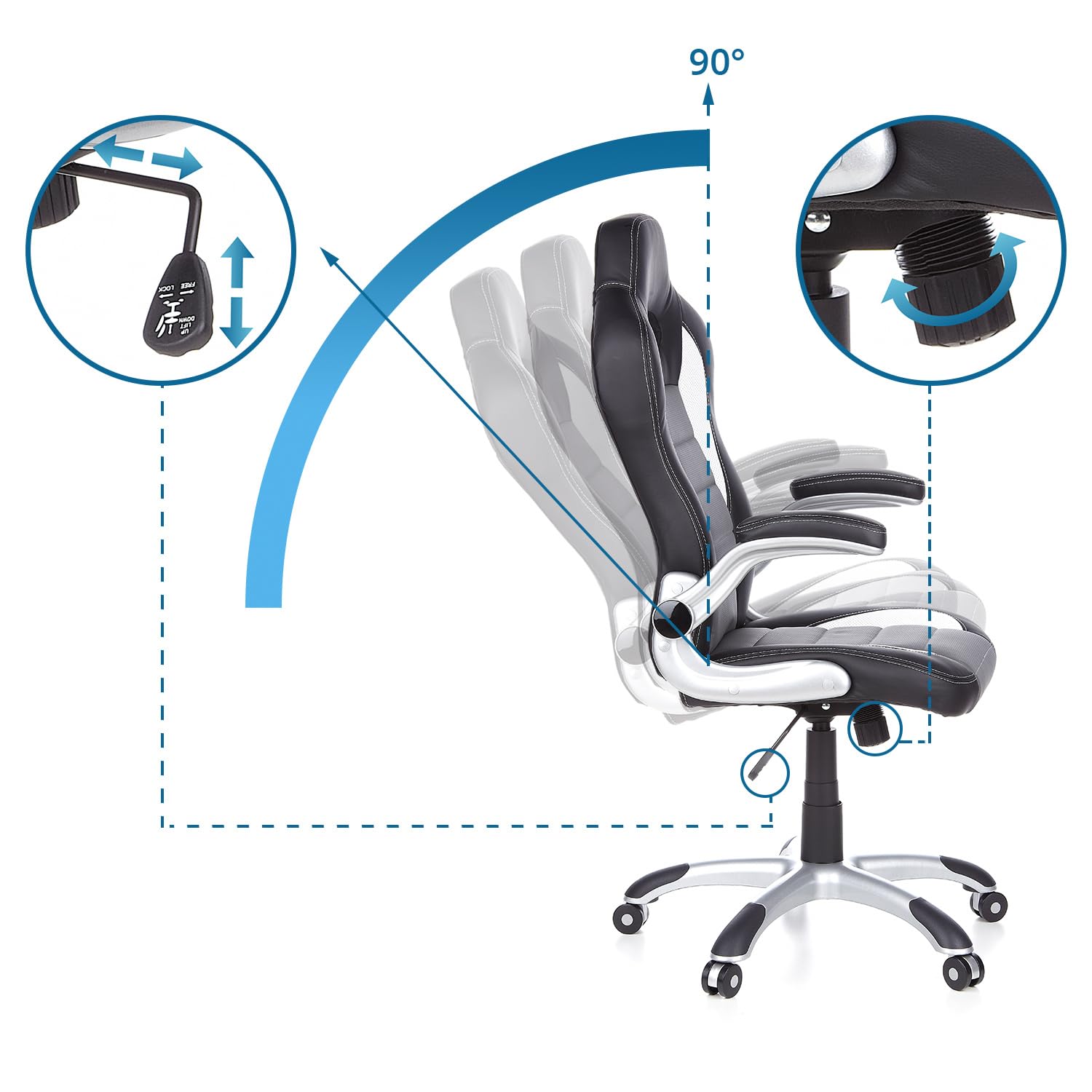 HJH Office 621710 Sedia da Ufficio Girevole GAME SPORT Pelle Sintetica, Poltrona da Gaming, Braccioli ripiegabile, Nero/Bianco/Grigio