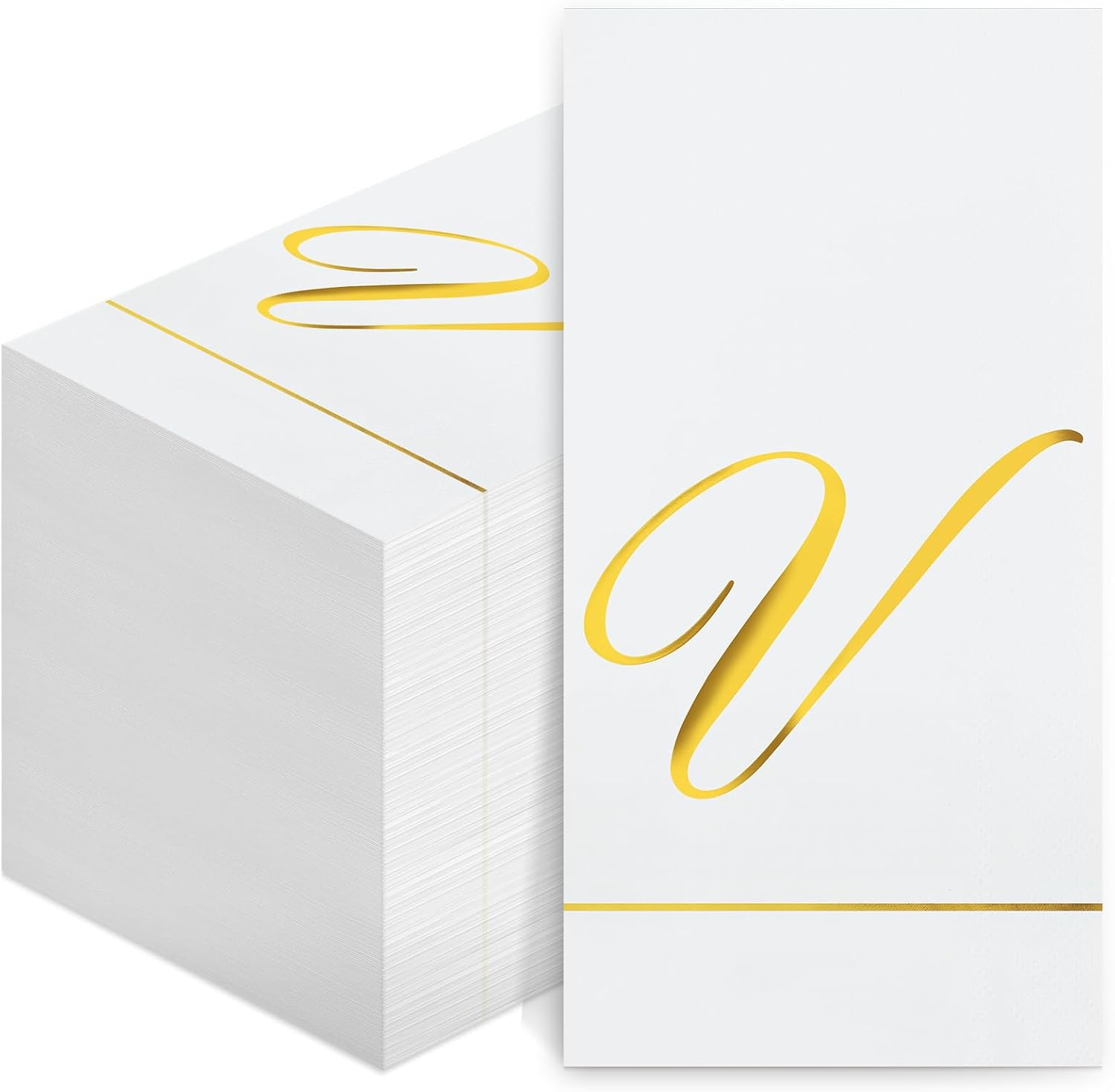 Pasimy 200 Pcs Initial Napkins Monogram Guest Napkins Gold Letter Paper Napkins Disposable Elegant Dinner Towels for Wedding Bridal Shower Holiday Birthday Party Tableware Decor(V Letter)