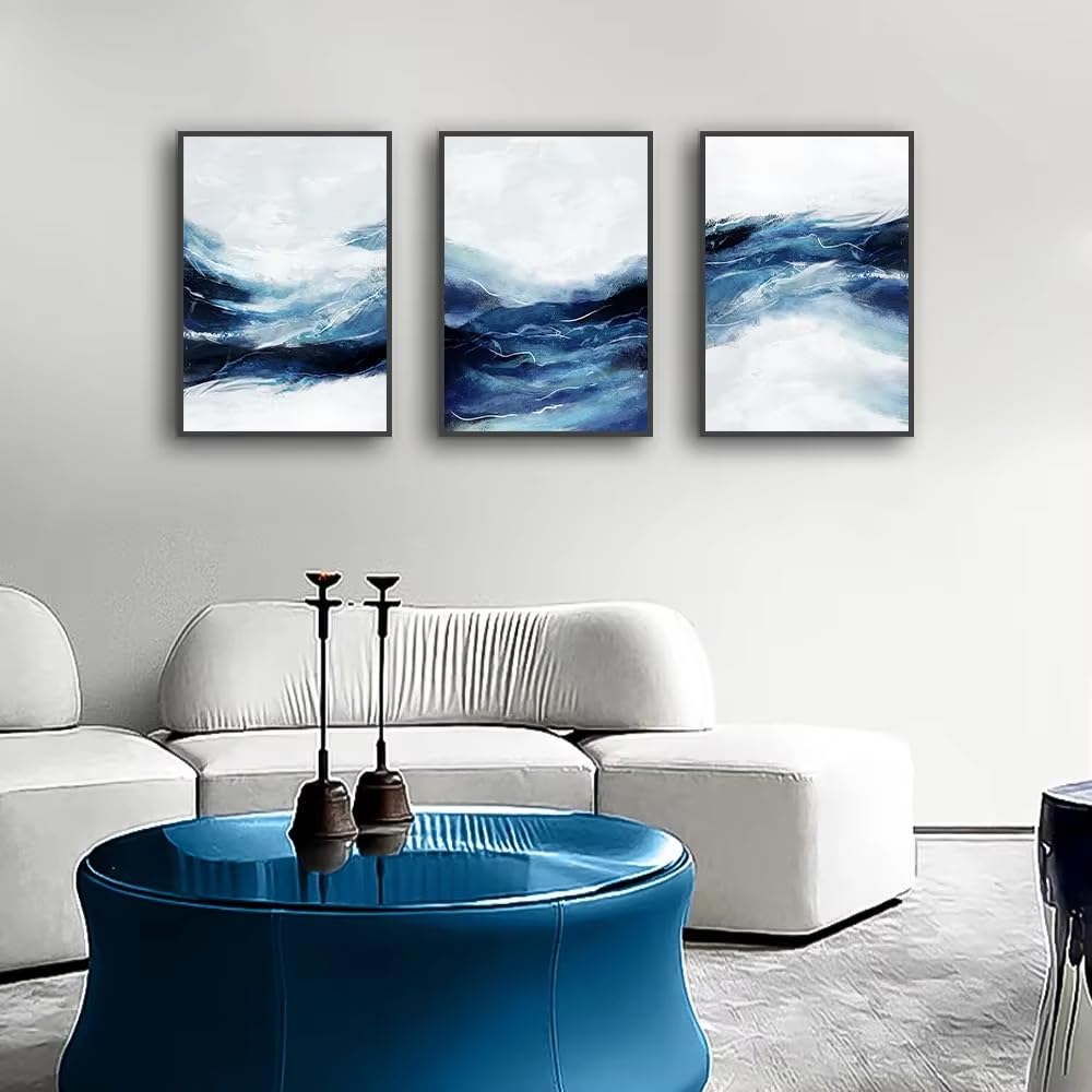 UIJKNFD 3-teiliges abstraktes weißes, schwarzes und blaues Wellenposter auf Leinwand, Wandbild, Schlafzimmerbilder für Wohnzimmerdekoration (75 x 110 cm x 3 / ohne Rahmen)
