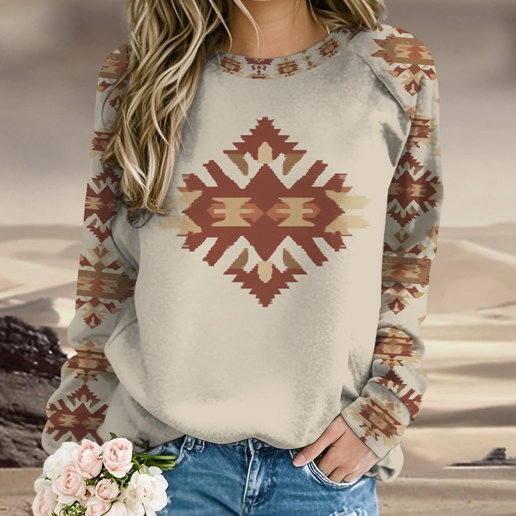 ZOCANIA Aztec Sweatshirt for Women Long Sleeve Cow Girls Outfits Womens Crewneck Loose Fit Women's Western Sweatshirts - Image 2