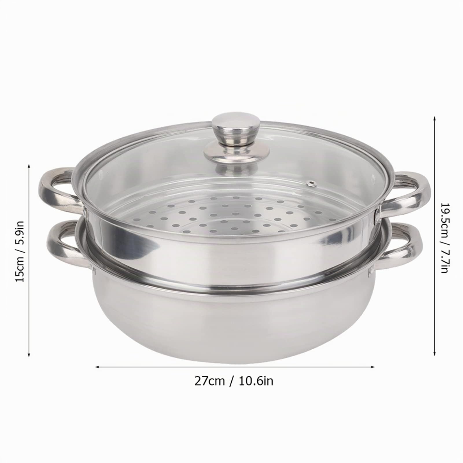 Cuiseur vapeur en acier inoxydable, 2 couches Double couche marmite vapeur avec couvercle Batterie de Cuisine cuiseur double chaudière soupe pot à vapeur 27 x 27 x 19,5 cm