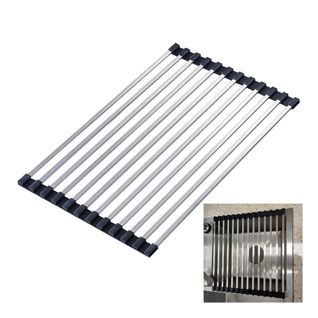 Égouttoir à vaisselle pliable multifonction 37 à 52 cm Tapis d'évier antidérapant en acier inoxydable Noir 45 x 28 cm
