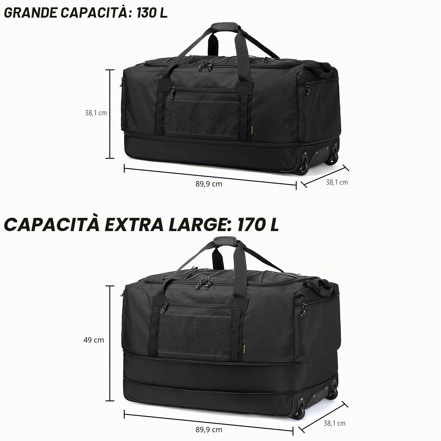 Laripwit Borsone da Viaggio con Ruote XXL 130-170L Espandibile Borsa Sportiva Pieghevole Grande Weekender per Viaggi, Campeggio, Nero