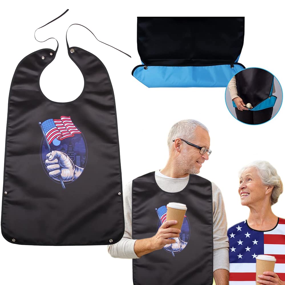 Photo 1 of 2 ITEMS - USA Flag Adult Bibs Washable Dining Clothing Protector Adult Bibs for Men Women Elderly Eating with Crumb Catcher and Strap Hand Flag