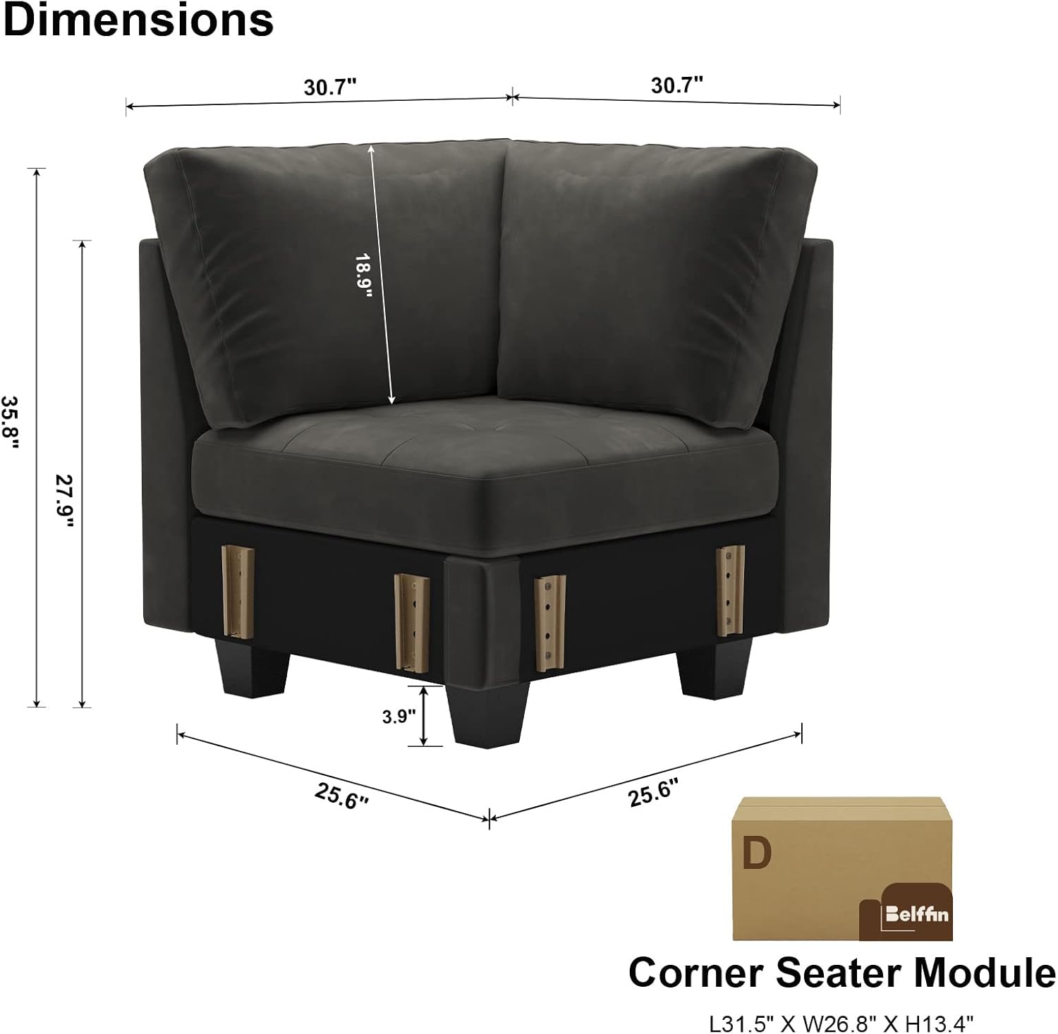 Belffin Velvet Corner Seat Module for Modular Sectional Sofa Couch Corner Sofa Couch Chair Grey