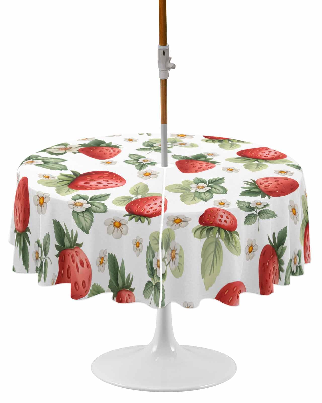 Lsrtoss Outdoor Tablecloth with Umbrella Hole & Zipper, Strawberry Round Tablecloth 60 Inch, Spring Floral Summer Botanical Green Patio Table Cover