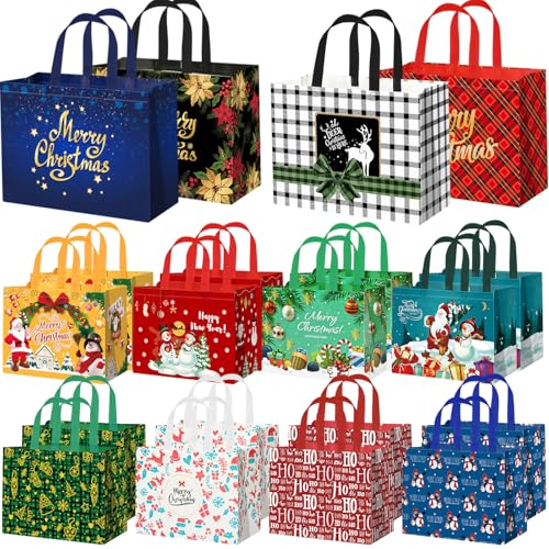 WLUSEAXI 20Pack Assorted Sizes Reusable Christmas Tote Bags with Handles,
