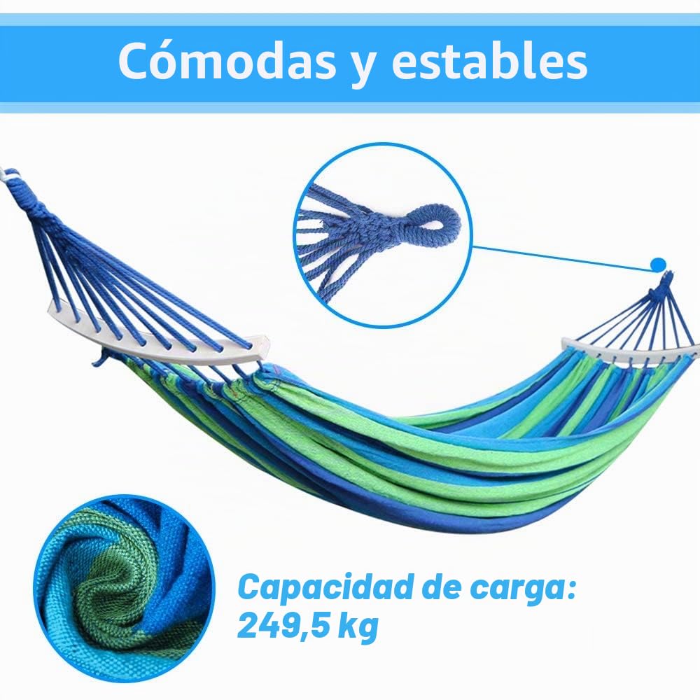 Hamacas Dobles, Hamacas Colgantes Jardin al Aire Libre Cama Portátil de Lona con Cuerdas para Acampar Capacidad de 300kg, para Jardín Patio Trasero Playa Mochileros,280 x 150 cm,Azul