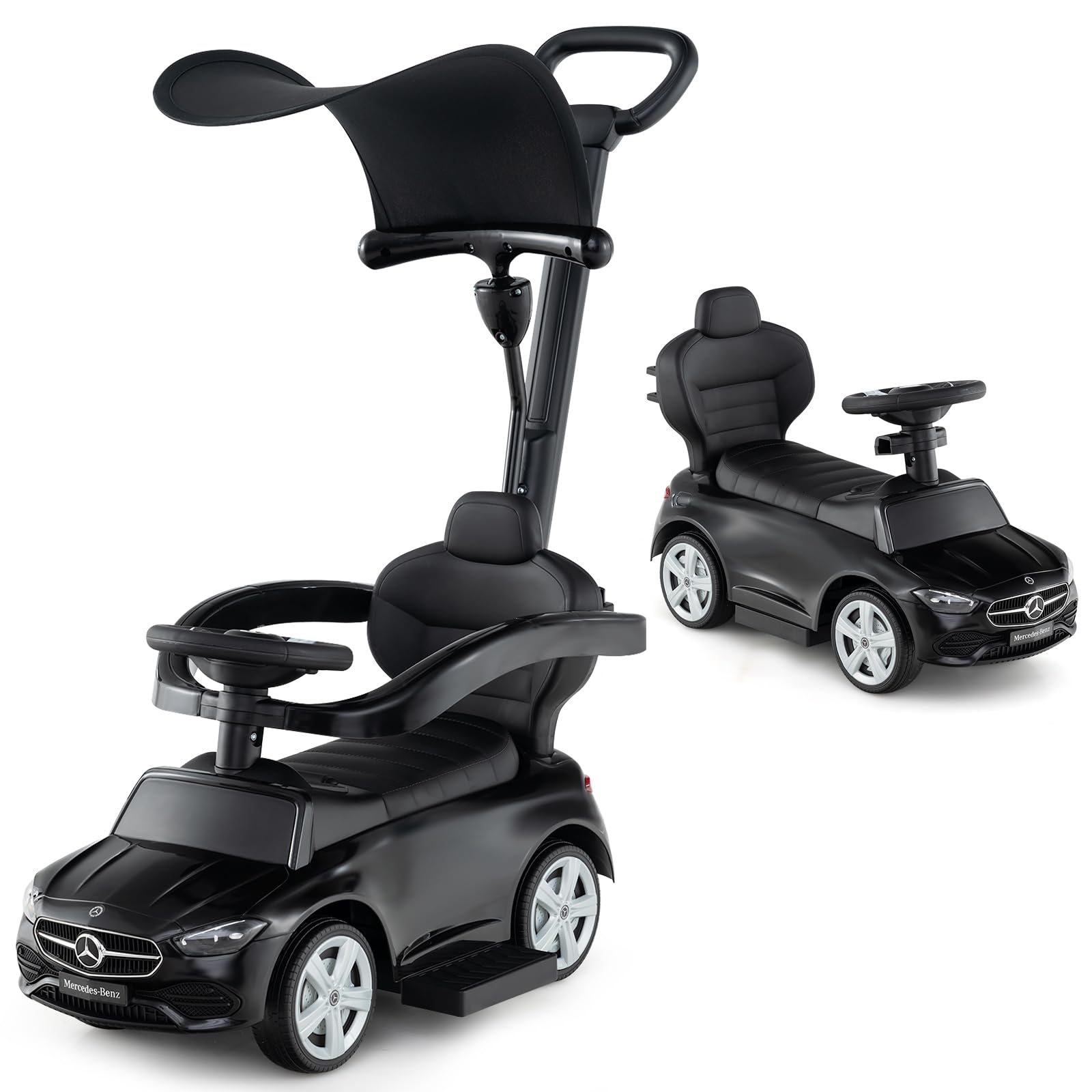 HONEY JOY Ride On Push Car, Licensed Mercedes-Benz Push Cars for Toddlers, Adjustable Canopy & Seat Storage, Horn, Toddler Push Car with Handle, Ride On Toy for Boys Girls(Black)