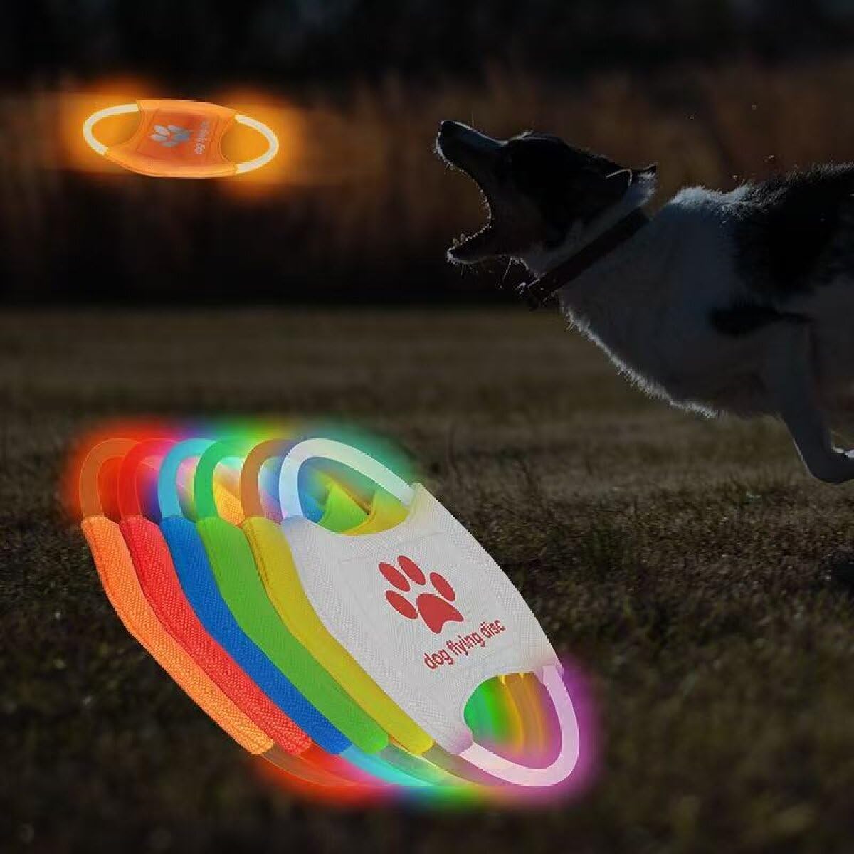 Lot de 2 frisbee lumineux LED pour dressage de chien, TPU non toxique en caoutchouc souple résistant au grincement et aux morsures, rechargeable et lumineux pour animaux de compagnie, jouet