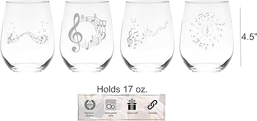 Miniatura 4 de C M Juego de copas de vino sin tallo de notas musicales para mujeres y hombres, 4 piezas, regalo temático para amantes de la música, 17 onzas