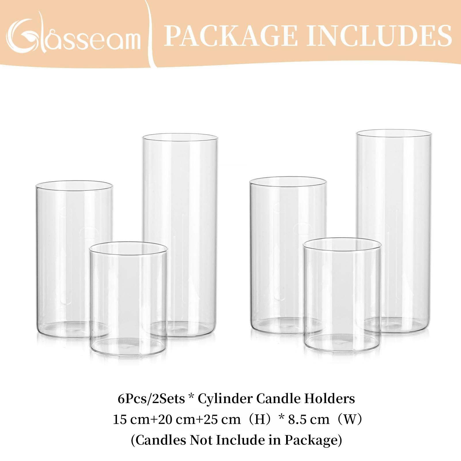 Glasseam Porte - Bougie en Verre pour Bougie Colonne Hurricane Porte - Bougie 6 pour Bougie Flottante Oath Tea Light Grand Porte - Bougie pour Décoration De Table Vase Cylindrique pour Pampas