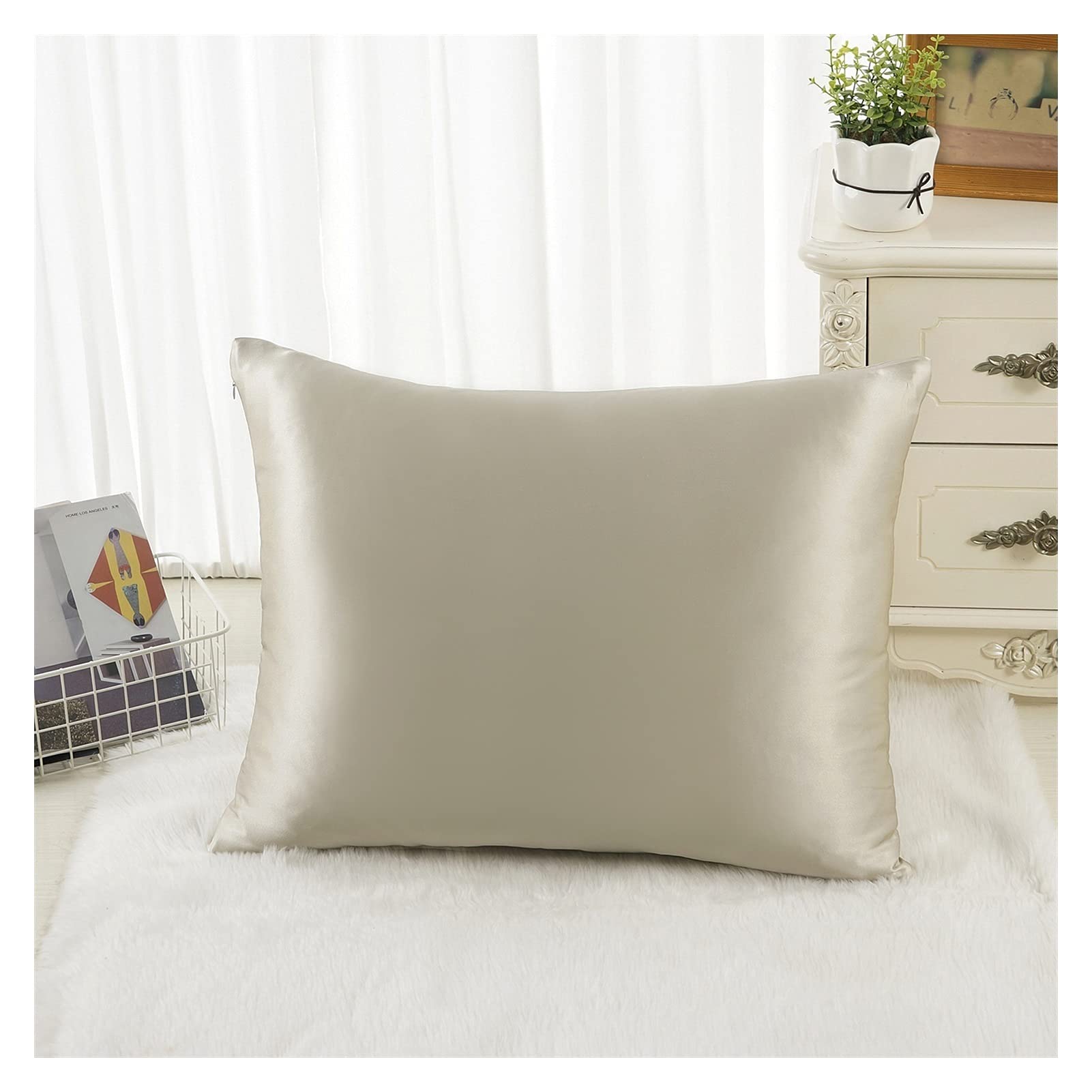 Fundas de Almohada de satén con Cremallera， Fundas de Almohada auténticas puras, 1 Pieza(Light Grey,K)