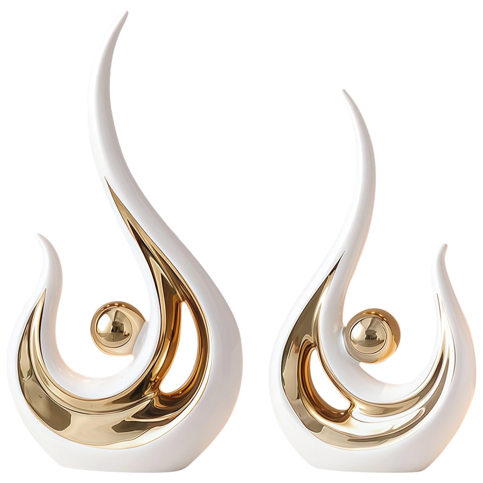 Packool Ceramic Home Decor Sculptures, 9.3 in / 23.5 cm Small, 11.2 in / 28.5 cm Large, Tabletop Centerpiece for Living Room, Office Cabinet Decoration, 2 Pcs White Gold Modern Abstract Art Statues