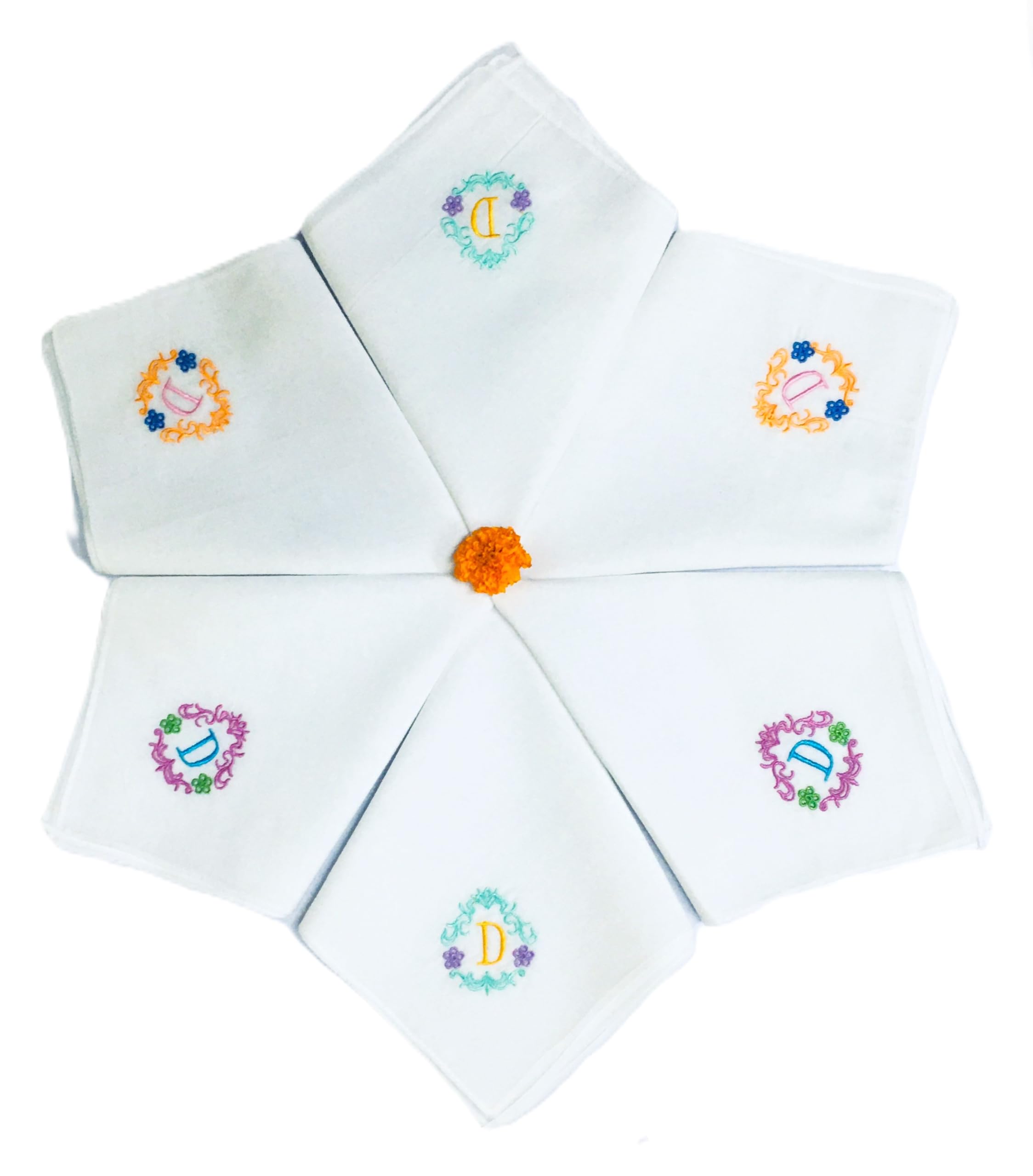 Concerto100% Cotton (Compact Yarn) Multicolor Initial Embroidery Handkerchief For Women (Size: - 33 cms * 33 cms) (Pack of 6)- Rohira - (A-Z) - Gift Pack