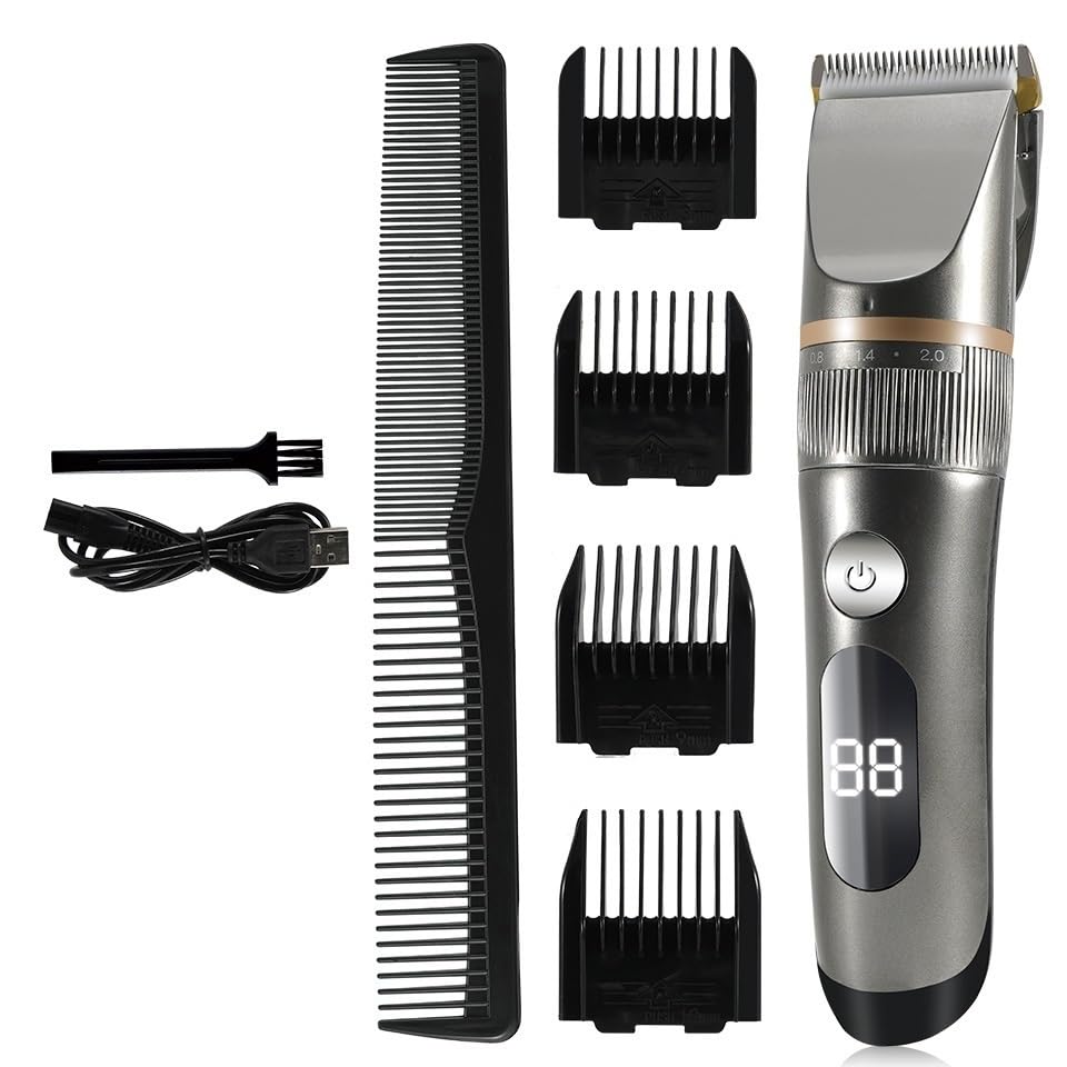 Tijeras de peluquería, Máquina De Corte Pelo for Hombres, Afeitadora, Recortadora, Recargable Por USB, Pantalla LCD(Gray With Box)