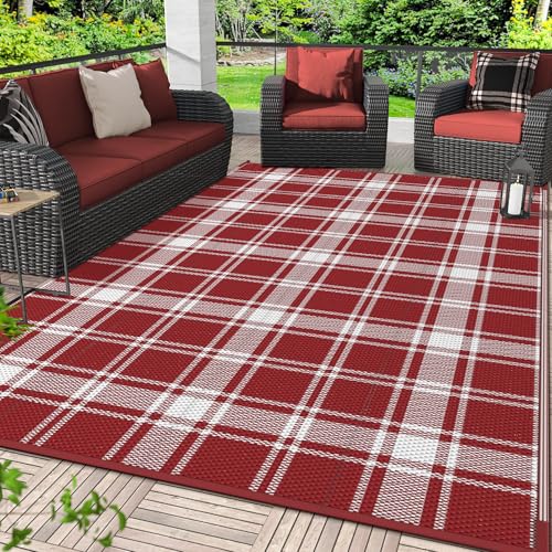 GENIMO Waterproof Outdoor Rug for Patio Clearance 5x8 Reversible Plastic Straw Rugs Lightweight RV Camping Mat for Camper Balcony Deck Backyard Picnic Red White Plaid