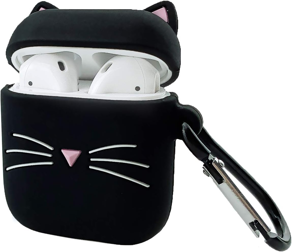MOLOVA Case for Airpods 1&2 Case,Soft Silicone 3D Cute Funny Fun Cartoon Character Kawaii Airpods Cover Shockproof Full Protection Skin case with Keychain (Black Whisker Lucky Cat Kitty)