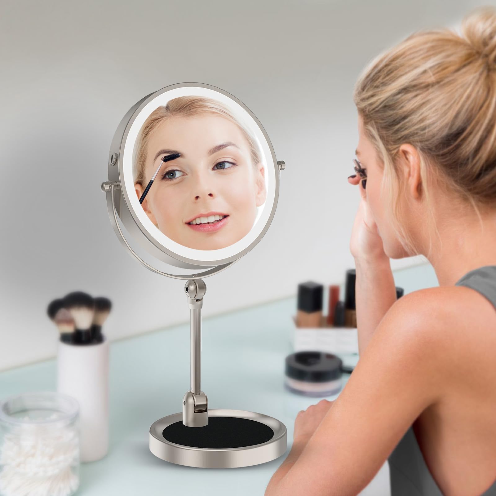 Rocollos Lighted Tabletop Makeup Mirror with Tray, 1X/10X Magnification
