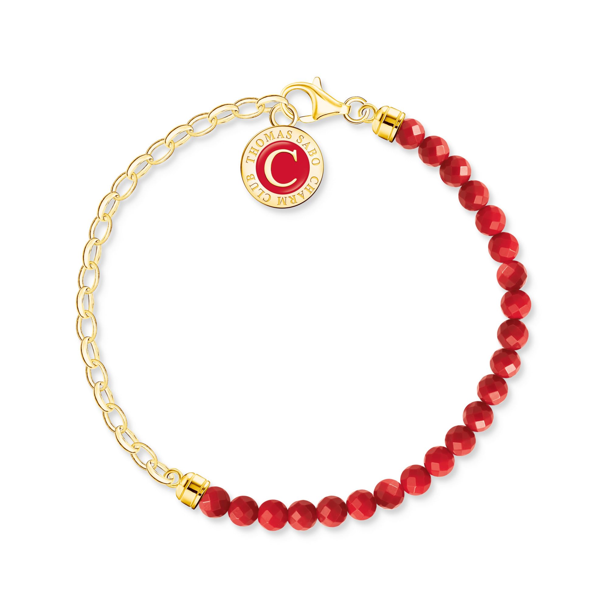 THOMAS SABO Member Charm-Armband rote Beads und Gliederelemente vergoldet 925 Sterlingsilber, Kaltemail, 750 Gelbgold Vergoldung