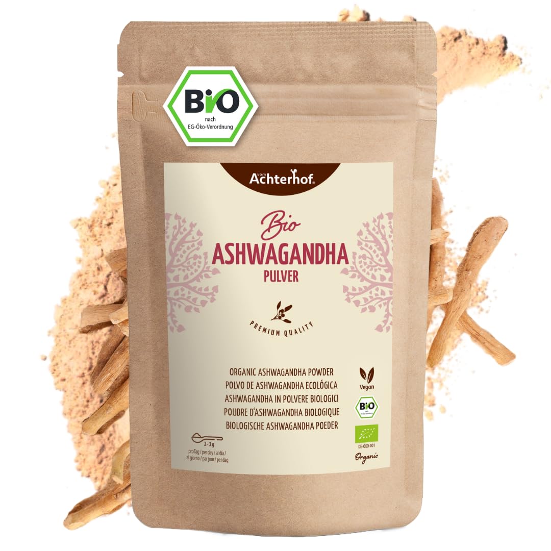Ashwagandha poudre Bio 500g | véritable racine d'ashwagandha moulue d'Inde | ginseng indien | Ayurveda | idéal pour ajouter aux smoothies, jus et lait doré | vom Achterhof