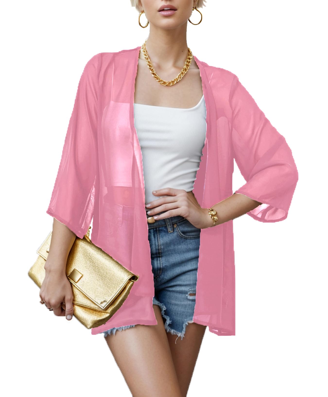 Hey Joo Women's Sheer Chiffon Kimono Cardigans Open Front Loose Swimsuit Cover up Shawl Capes Pink L