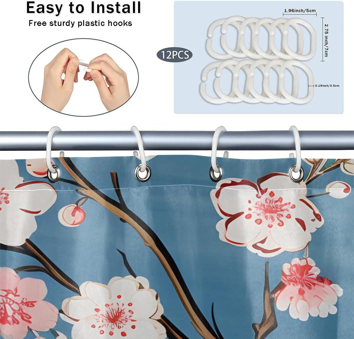 Pardick Shower Curtain Liners Fabric Bathroom Curtains Waterproof, Flower Cherry Blossoms Bathroom Shower Curtain with 12 Hooks Decorative Bath Curtain Heavy Duty Odorless (60x72 Inch)