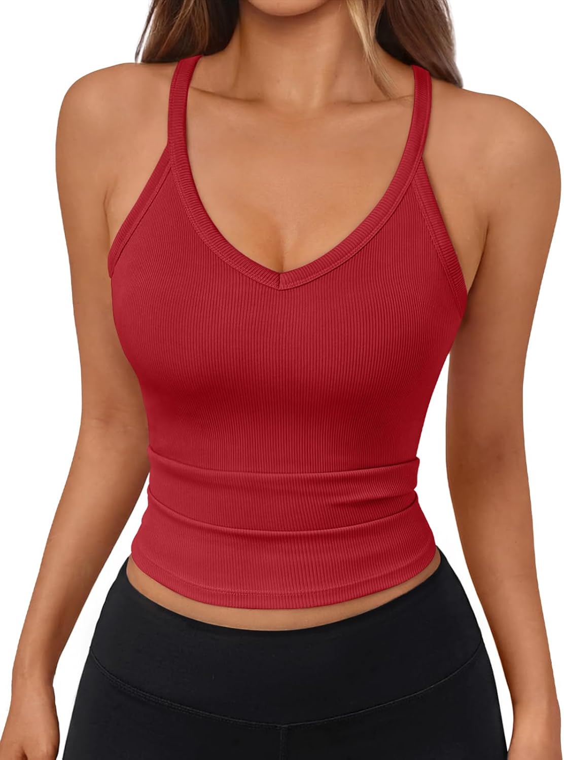 Womens Racerback Ribbed Tank Tops Soft Stretch V Neck Workout Casual Tops Summer Sleeveless Crop Camisole